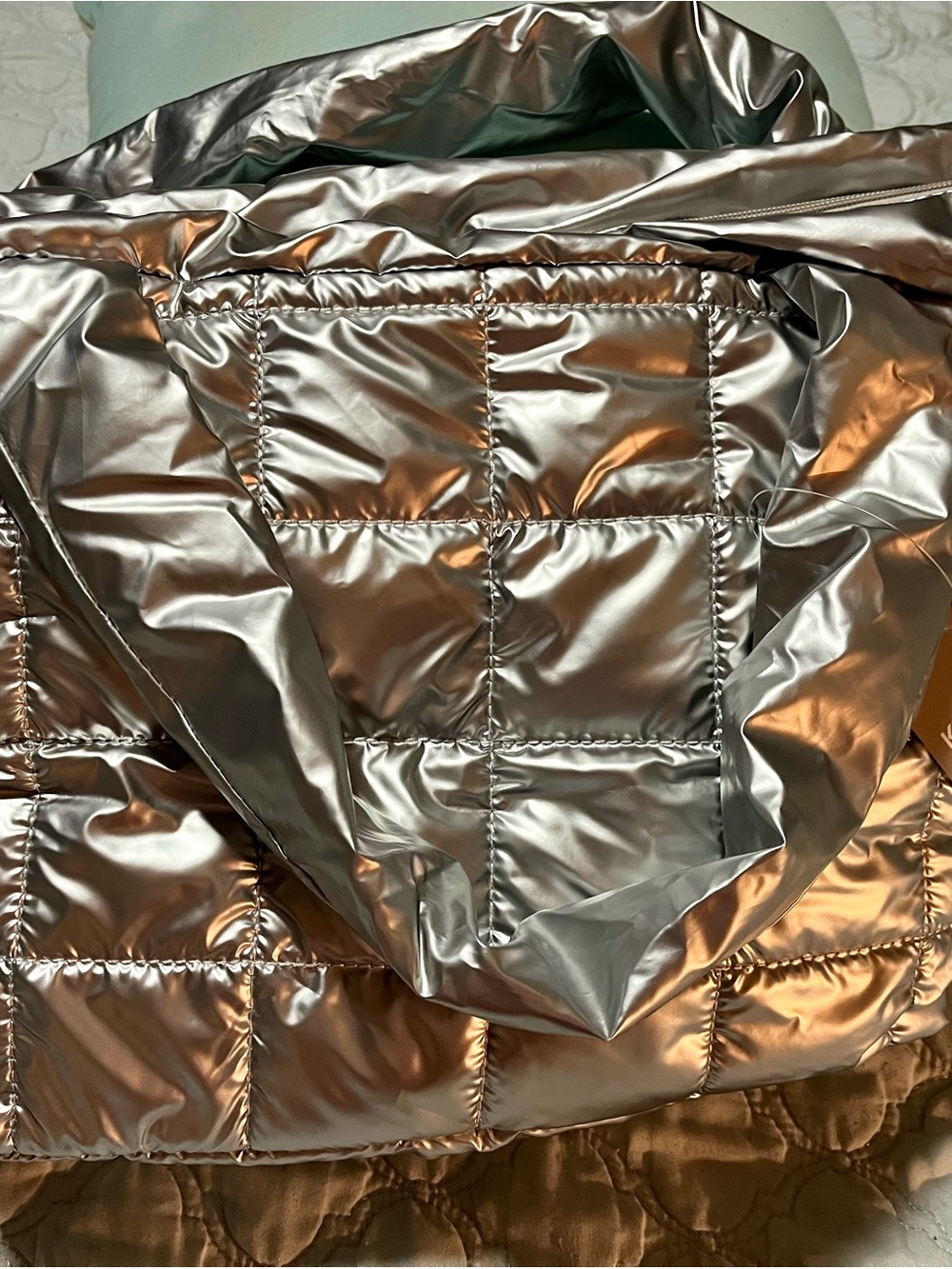 Metallic Silver Puffer Tote Bag